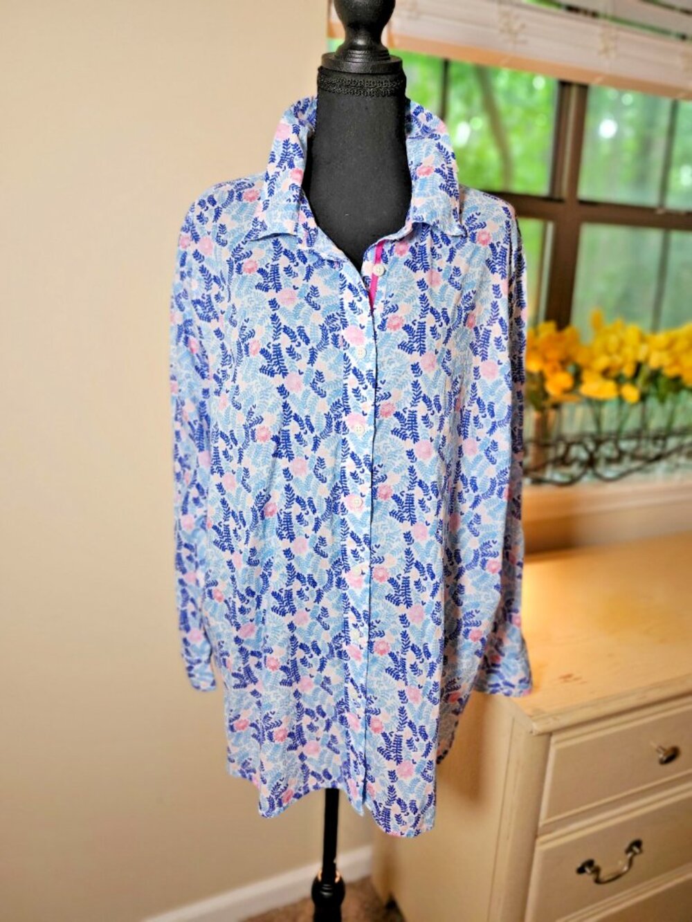 Talbots 2X Whimsical Garden Floral Button Down Blouse Blue Pink Cotton Classic